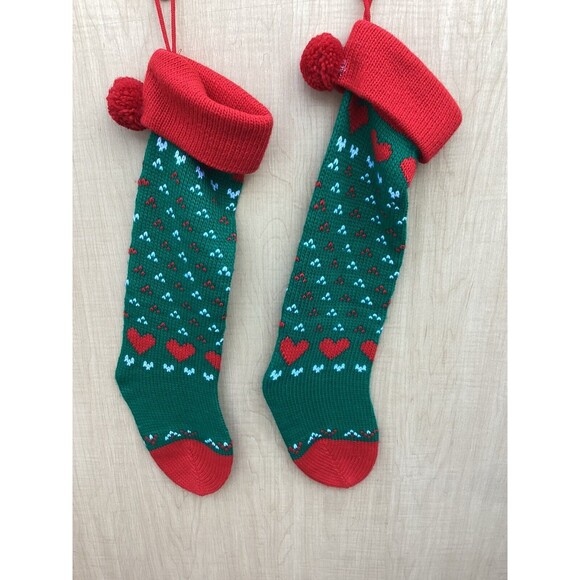 Set of 2 Matching Vintage Knit Christmas Stockings Red White Green Hearts Design - Picture 1 of 8